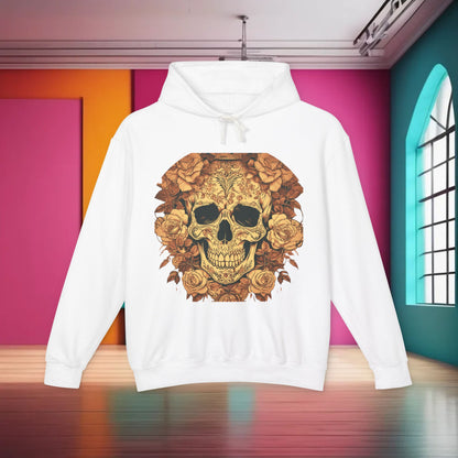 Elegant Unisex Lightweight Hooded Sweatshirt in white showcasing a unique designer skull and roses graphic, posed against a lively interior.