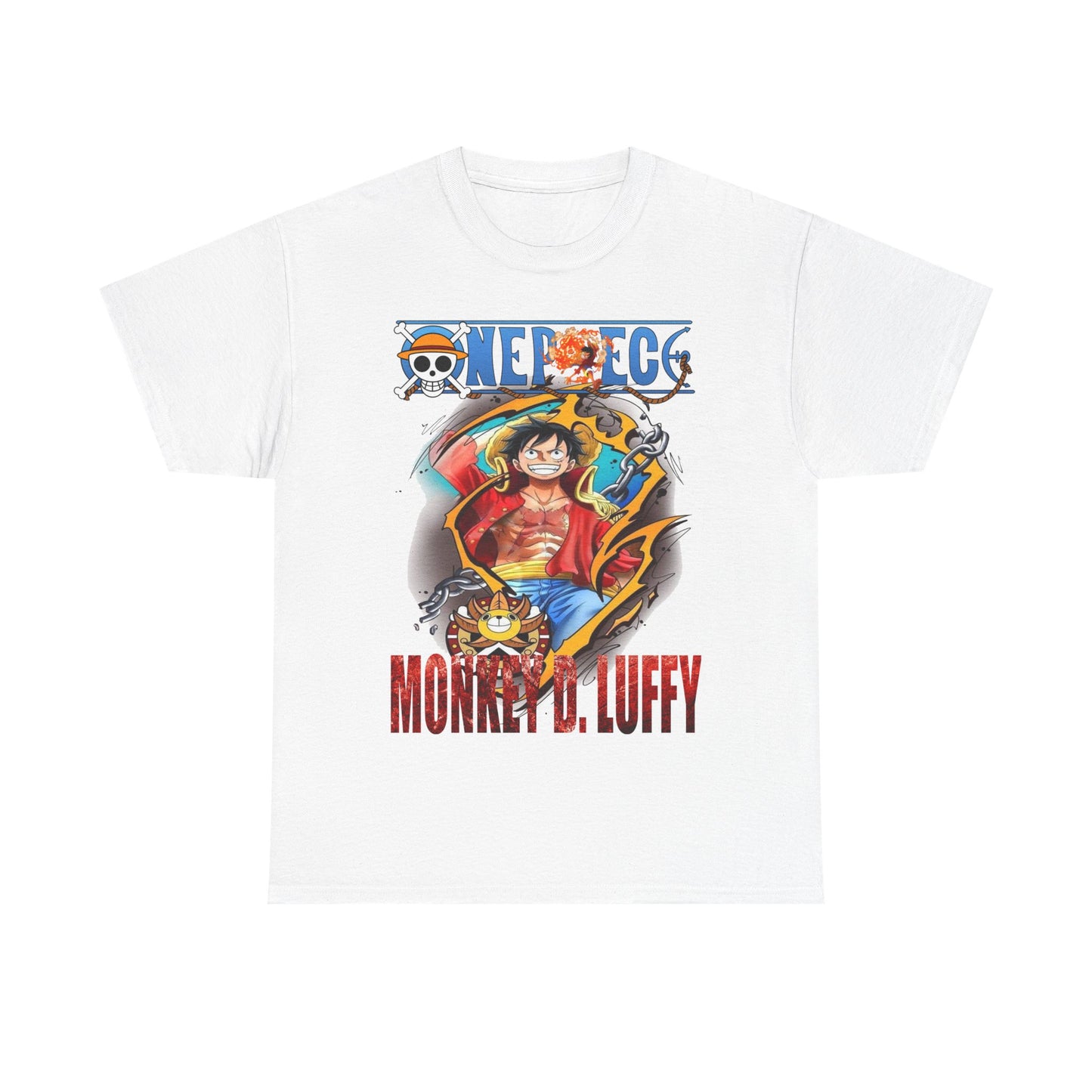 Elegant Monkey D. Luffy T-Shirt in pristine white, showcasing a vibrant graphic of the beloved character, perfect for fans of adventure.