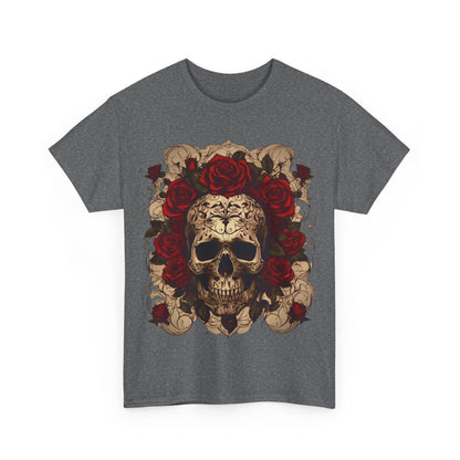 Front view of the Skulls and Roses Cotton Tee, Unisex Graphic Shirt featuring a striking steampunk-inspired design with intricate skull and rose details.