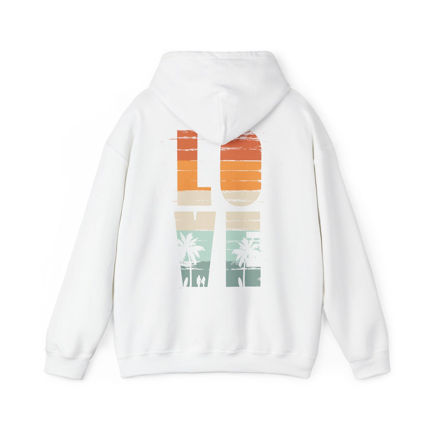 Elegant Vintage Love Back Print Hoodie in white featuring retro graphic design with vibrant orange and teal hues, showcasing palm trees and waves for a serene beach vibe.