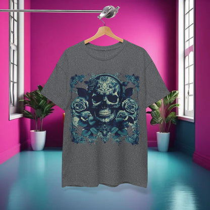 Stunning front view of the Skulls and Roses Cotton Tee, featuring a bold skull and rose graphic against a stylish grey backdrop.