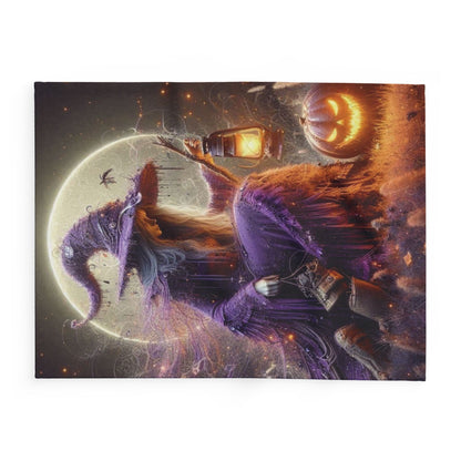 Elegant Decorative and Warm Halloween Spooky Arctic Fleece Blanket highlighting a sophisticated witch in a lavish purple ensemble, with a pumpkin and lantern creating a magical Halloween atmosphere.