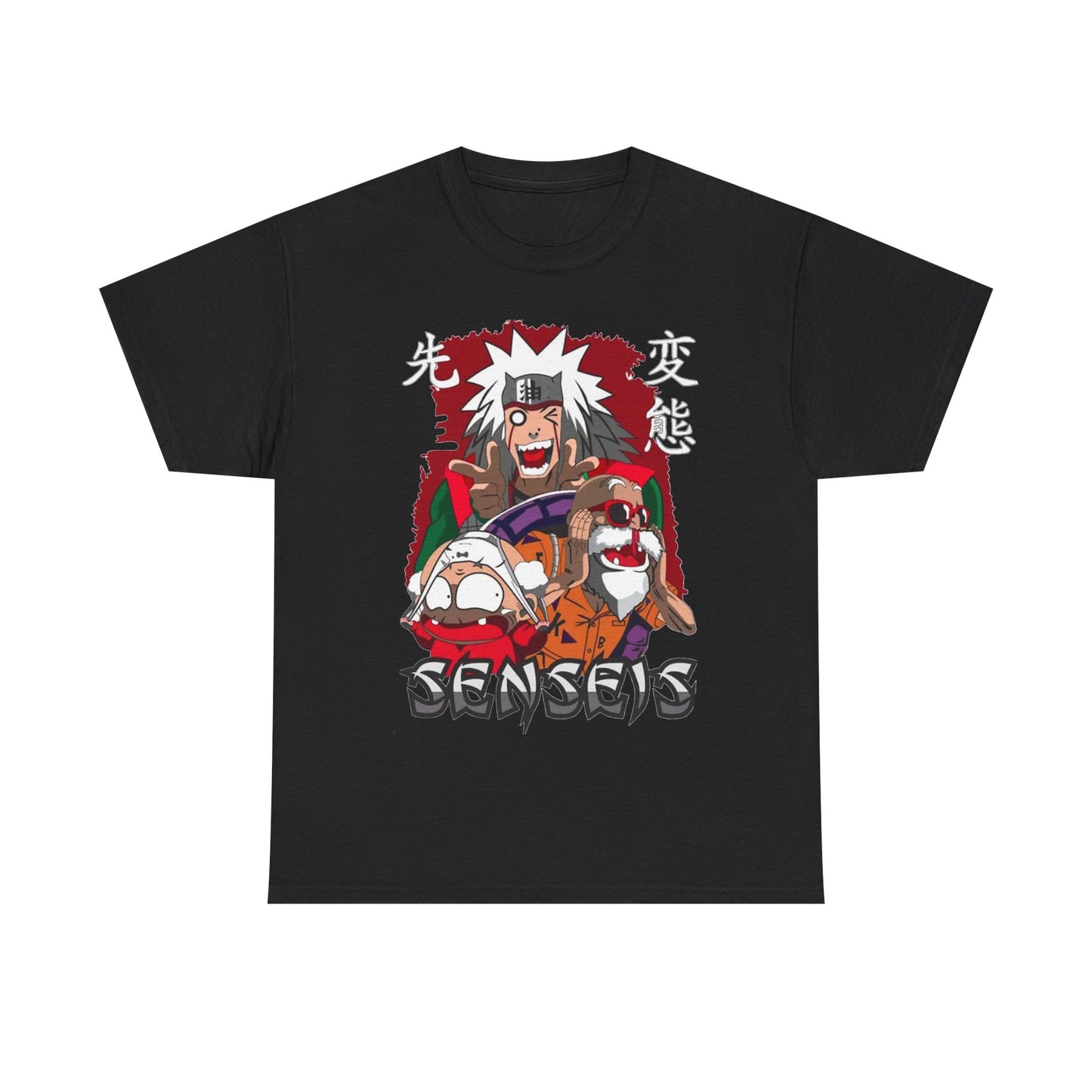 Trendy Sensei Graphic Tee featuring dynamic anime characters, bold spiky hairstyles and graffiti-style lettering, perfect for streetwear enthusiasts.
