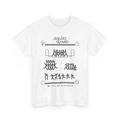 Sophisticated white tee displaying unique 'Squid Game' design, perfect for fashion-forward individuals.