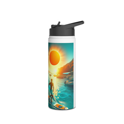 Refined Fantasy Paddleboarding Stainless Steel Water Bottle showcasing a dynamic sunset with a water athlete, embodying luxury and outdoor adventure.