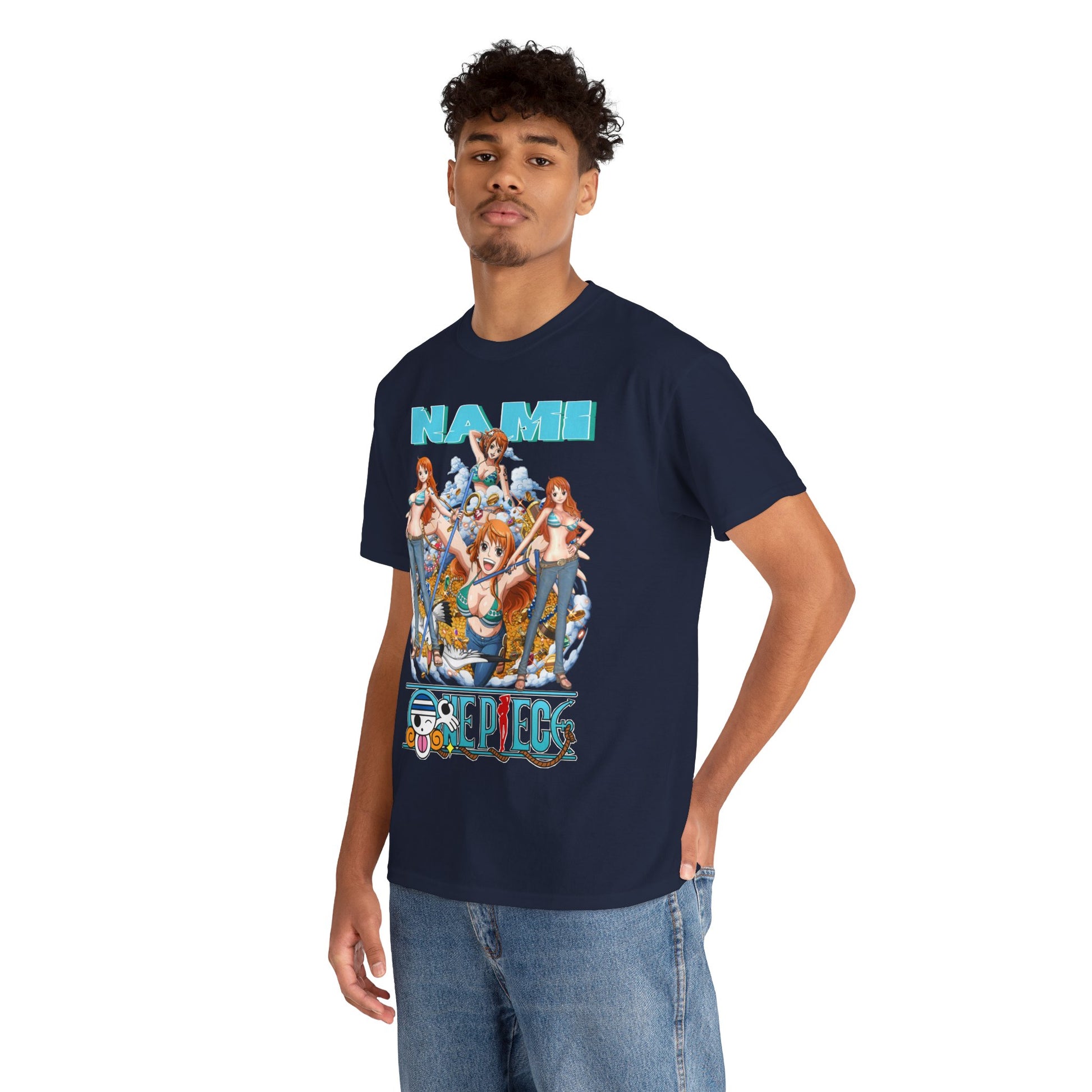 Stylish male model elegantly wearing a Nami anime t-shirt, highlighting its unique design and premium quality.
