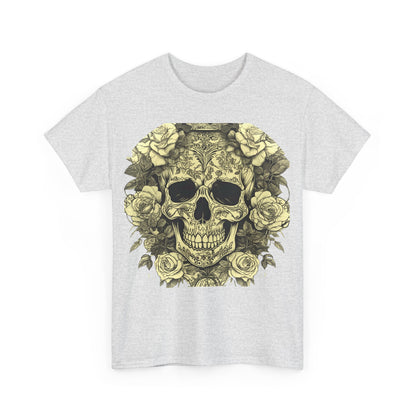 Front view of Skulls and Roses Cotton Tee, featuring an intricate skull design entwined with roses, epitomising alternative fashion.