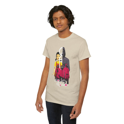 Elegant male model wearing a premium Squid Game graphic t-shirt, highlighting bold designs in a chic beige tone. A perfect representation of contemporary urban style.