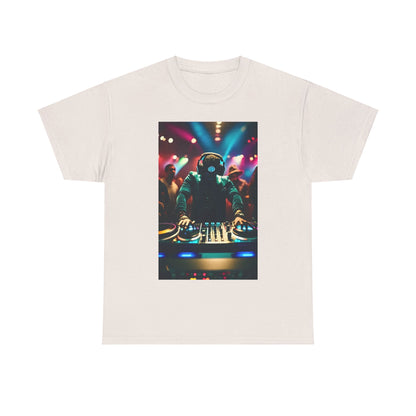 Street Monster Graphic T-Shirt in light beige portraying a vibrant DJ performance surrounded by party-goers, a chic option for contemporary fashion lovers.