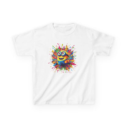 Luxurious Kids Minion Paint Splash T-Shirt in white featuring a vibrant Minion character amidst a colourful paint splatter design, perfect for adding a playful touch to children's fashion.