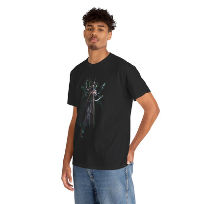 Fashion model wearing a sleek black t-shirt with a striking fantasy graphic, epitomising contemporary style and imaginative design.