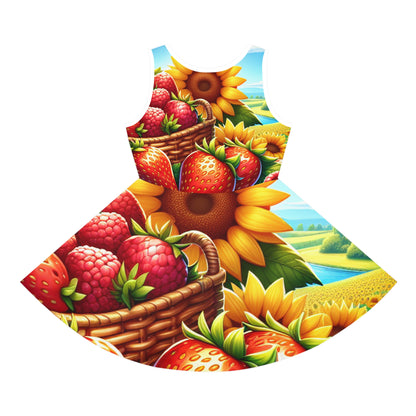 Stunning Sophie Rosendale Girls Summer Fruits Cartoon Pencil Skirt featuring an exquisite design of vibrant strawberries and raspberries, adorned with sunflowers, showcasing luxury and playful elegance.