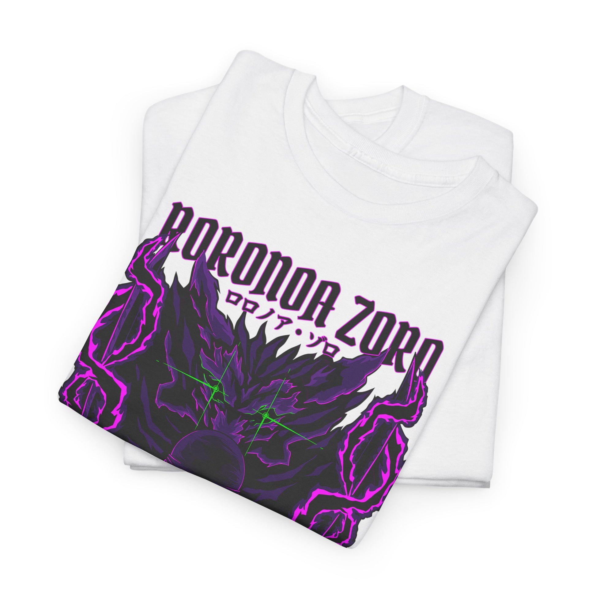 Luxurious Roronoa Zoro graphic tee featuring a striking illustration on a white fabric, showcasing vibrant purple energy and intricate design details, perfect for anime enthusiasts.