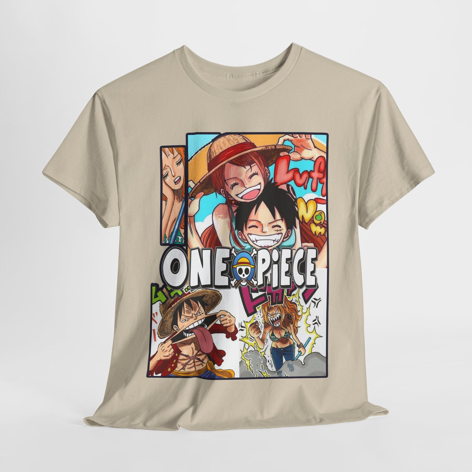 Luxurious men's T-shirt featuring a bold One Piece anime collage, showcasing vibrant characters and intricate details, perfect for discerning fans.