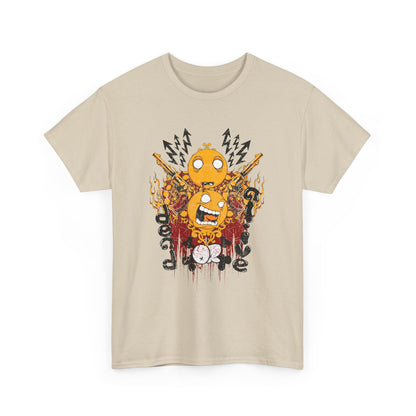 Elegant men's graphic t-shirt in beige featuring a striking front design with dynamic orange emojis and artistic elements, promoting individuality.