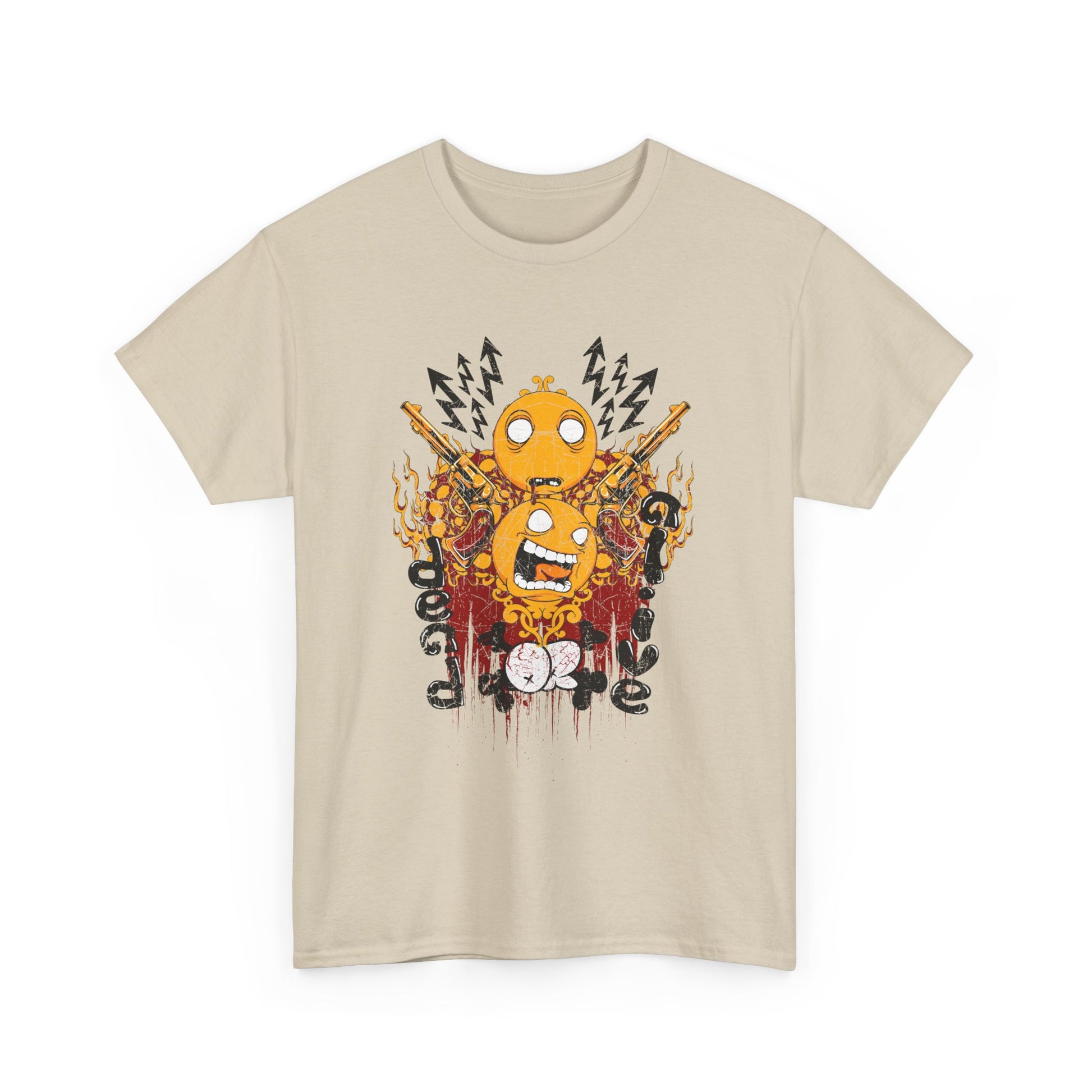 Striking front view of a men's graphic t-shirt featuring playful graphic art of emojis with guns, flames, and dynamic elements, embodying a bold and adventurous spirit.
