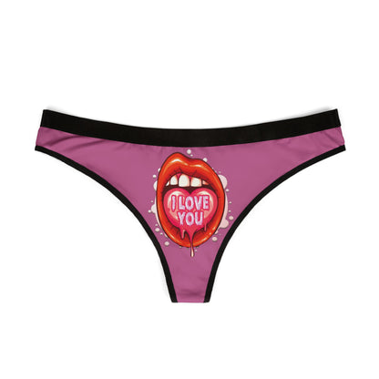 Elegant women's thong adorned with a humorous graphic of red lips and 'I LOVE YOU', designed for special celebrations like Valentine's Day or anniversaries.