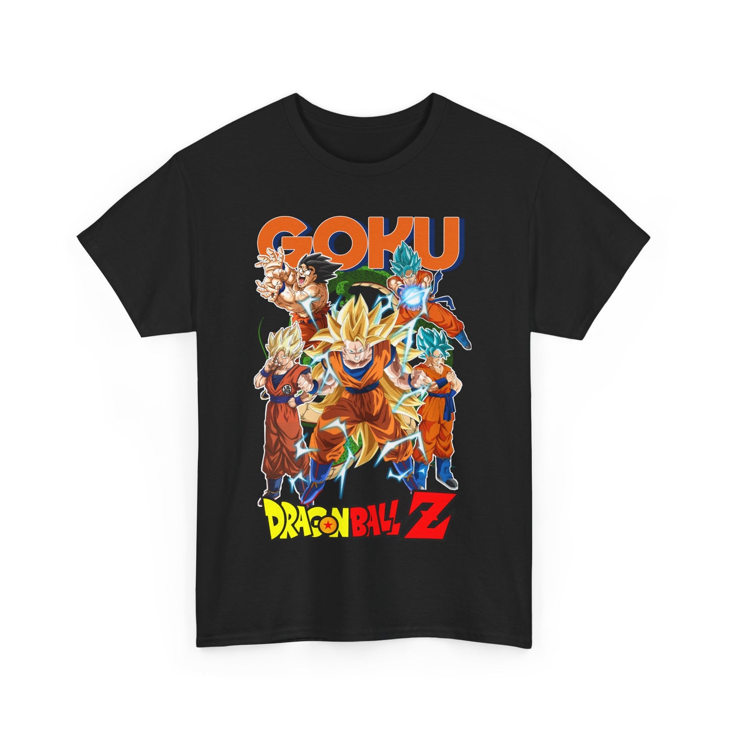 Chic GOKU Power Surge T-Shirt in versatile black, displaying a powerful Dragon Ball Z illustration of Goku surrounded by iconic characters, blending comfort and vibrant anime artistry.