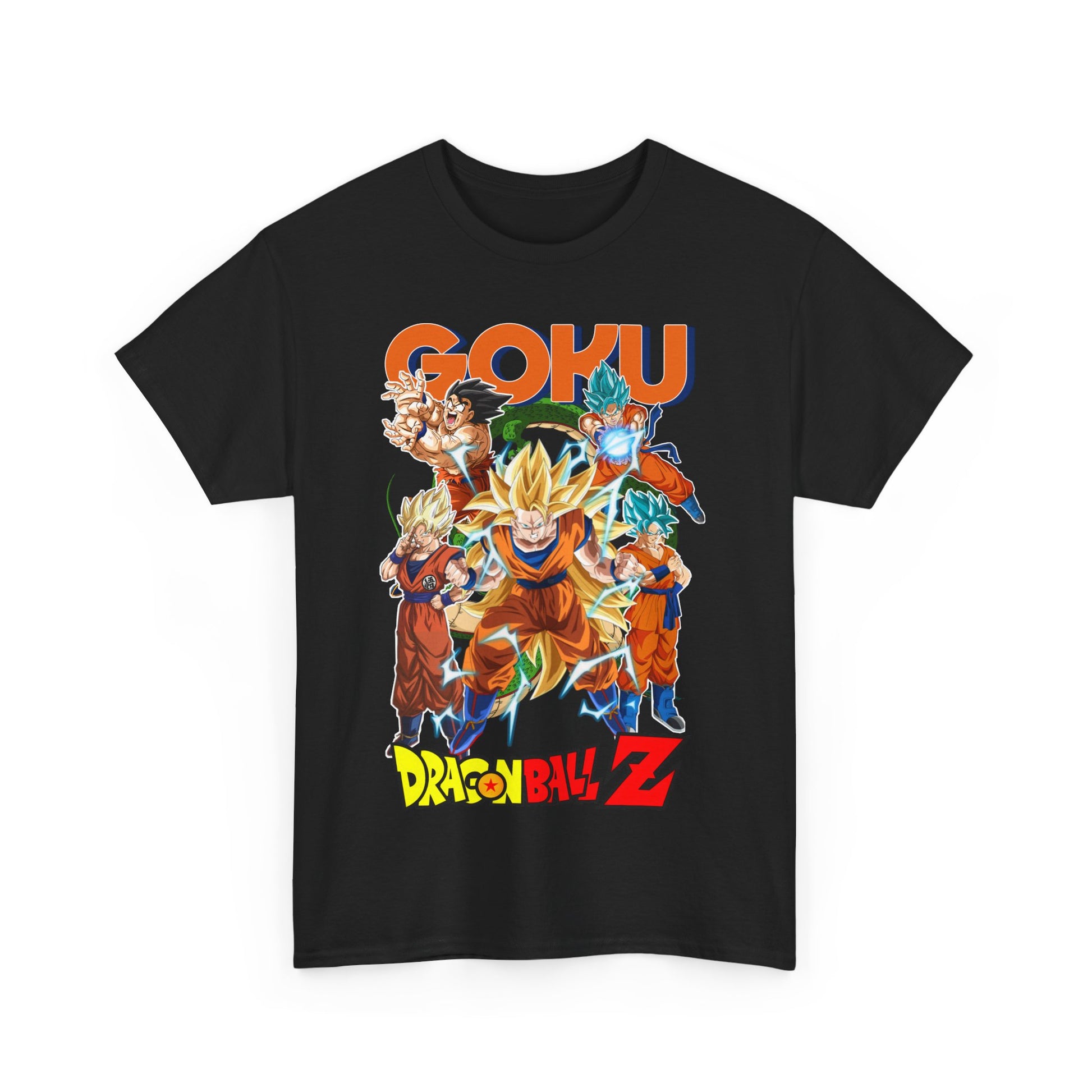 Chic GOKU Power Surge T-Shirt in versatile black, displaying a powerful Dragon Ball Z illustration of Goku surrounded by iconic characters, blending comfort and vibrant anime artistry.