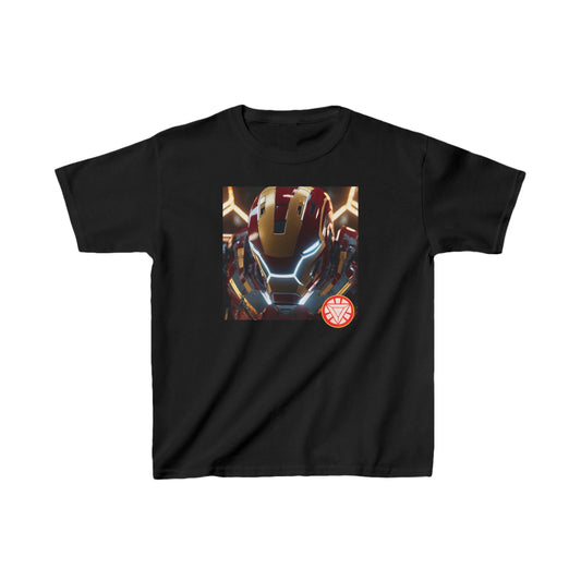 Kids Iron Man Heavy Duty Tee in black showcasing a striking Iron Man helmet graphic, an ideal choice for fashionable Marvel fans.