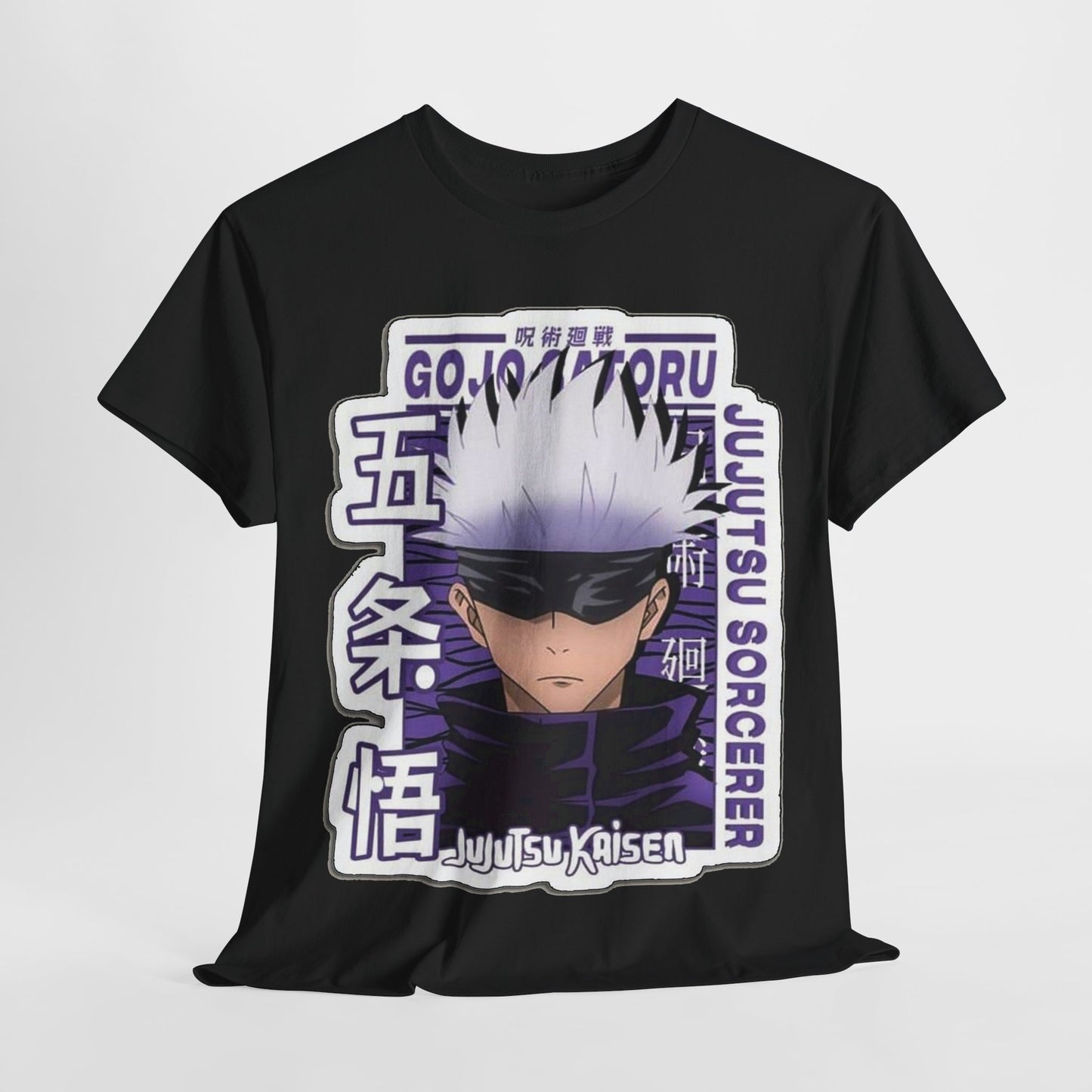 Luxury black Gojo Satoru T-shirt featuring bold 'Jujutsu Sorcerer' graphics for stylish anime enthusiasts.