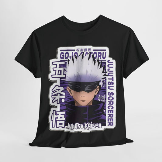 Luxury black Gojo Satoru T-shirt featuring bold 'Jujutsu Sorcerer' graphics for stylish anime enthusiasts.