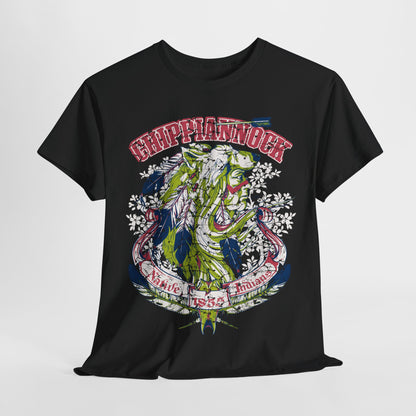 Stylish black graphic t-shirt displaying a striking wolf headdress and 'Native Indians 1855' text, perfect for celebrating cultural heritage in elegant fashion.