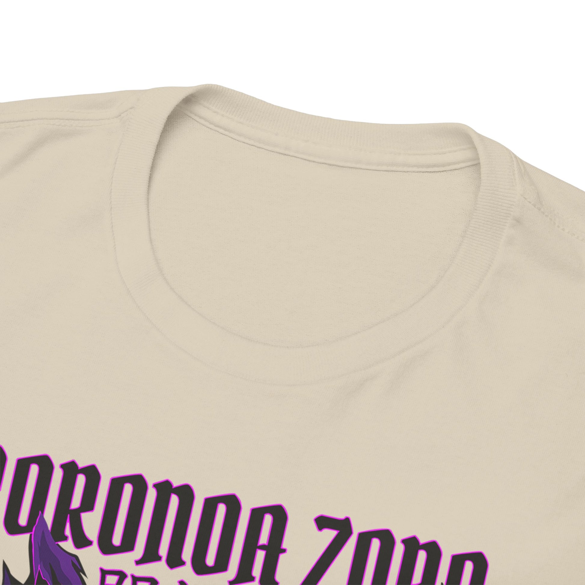 Close-up view of the neckline of a luxurious beige Roronoa Zoro graphic tee, showcasing the soft fabric and premium stitching, perfect for anime enthusiasts.