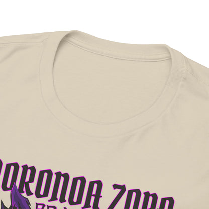 Close-up view of the neckline of a luxurious beige Roronoa Zoro graphic tee, showcasing the soft fabric and premium stitching, perfect for anime enthusiasts.