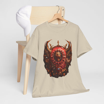 Stylish graphic cotton t-shirt on a wooden chair, displaying an intricate Warhammer design with a central shield motif in vibrant reds.