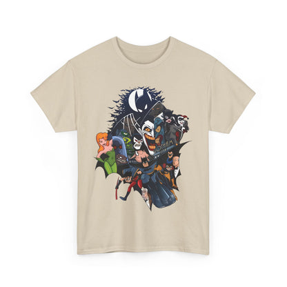 Gotham Vibes Batman DC Comics Graphic T-Shirt in light beige, presenting a captivating array of characters from the Batman universe, a refined choice for urban wear aficionados and luxury lovers.