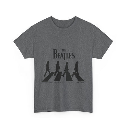 The Beatles Unisex Cotton Graphic Tee Featuring Iconic Abbey Road Logo - Vintage Style T-Shirt, showcasing a sophisticated grey design with silhouettes of the band members walking on Abbey Road.