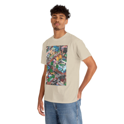 Man wearing a beige Squid Game-themed graphic t-shirt, featuring an intricate urban scene, suitable for casual-chic outfits.