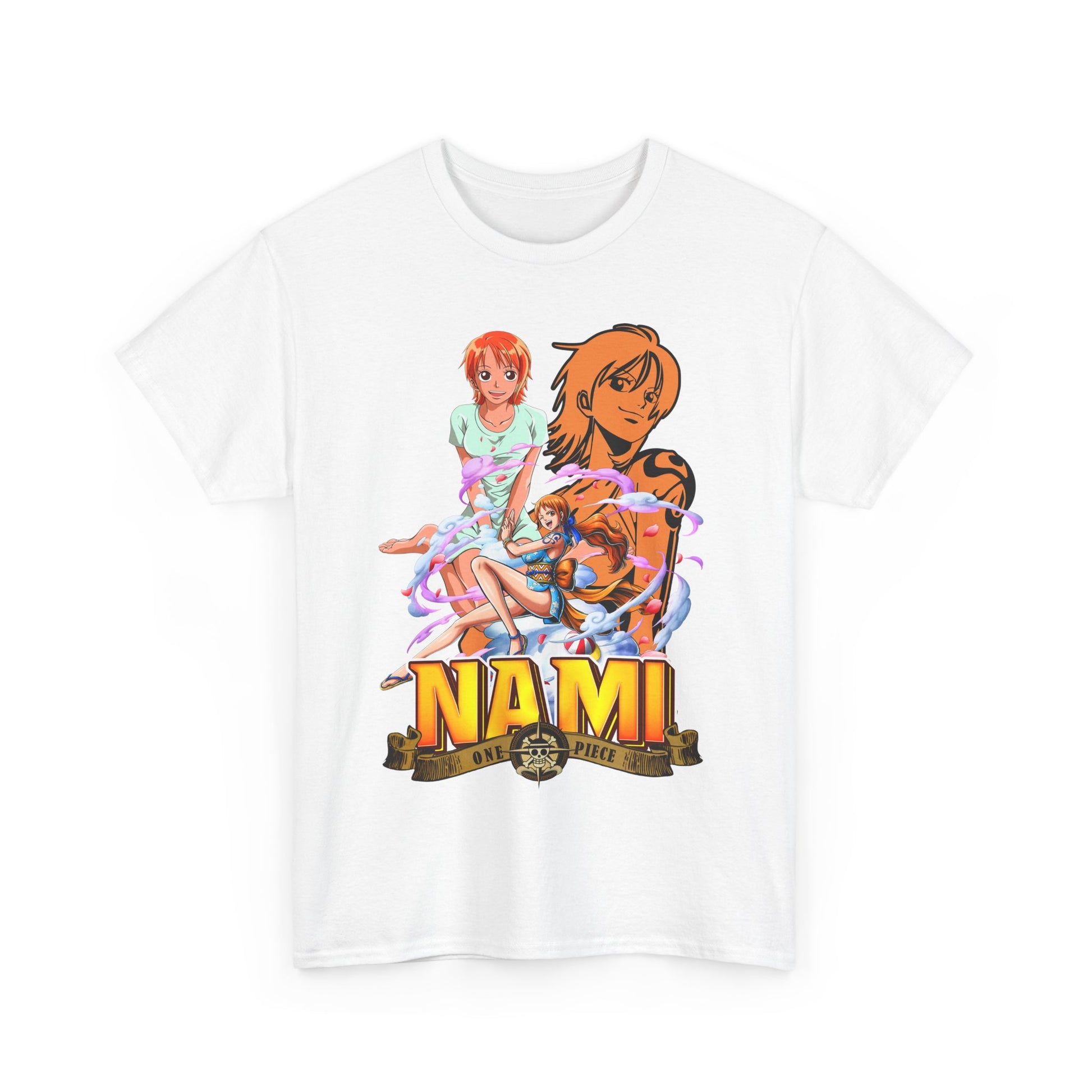 Vibrant white men's t-shirt showcasing a stunning anime-inspired design of Nami from One Piece, elegantly printed for fashion-forward fans.