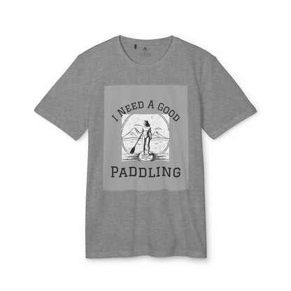Adidas Women's Eco-Friendly Paddleboarders T-Shirt in Dark Grey featuring the graphic 'I NEED A GOOD PADDLING' for a stylish and sustainable look.