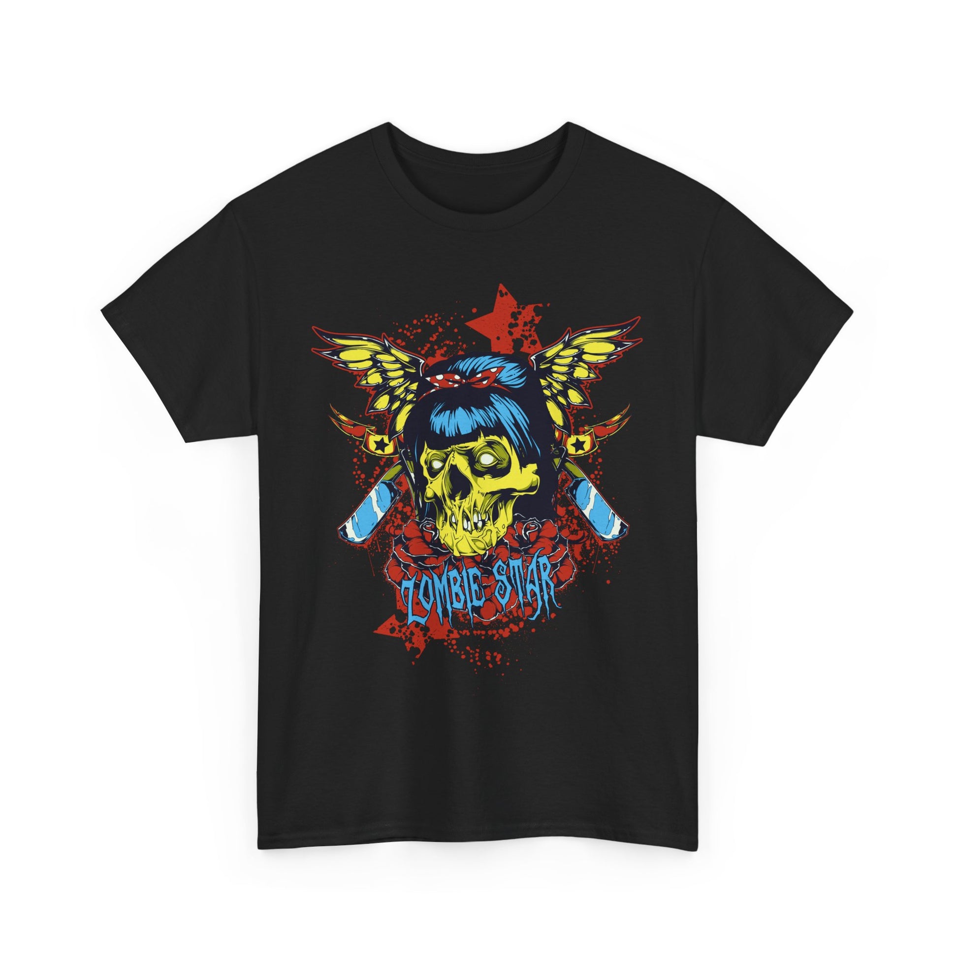 Chic black T-shirt adorned with a vibrant graphic design of a yellow-green skull, flanked by wings and blood splatter, making a unique gothic fashion statement.