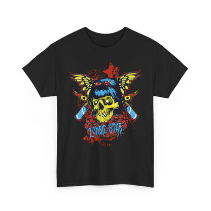 Chic black T-shirt adorned with a vibrant graphic design of a yellow-green skull, flanked by wings and blood splatter, making a unique gothic fashion statement.