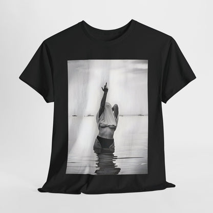Middle Finger Girl Graphic T-Shirt Urban Unisex Cotton Tee in bold black, featuring a powerful black and white graphic of a woman defiantly raising her arm in serene water.