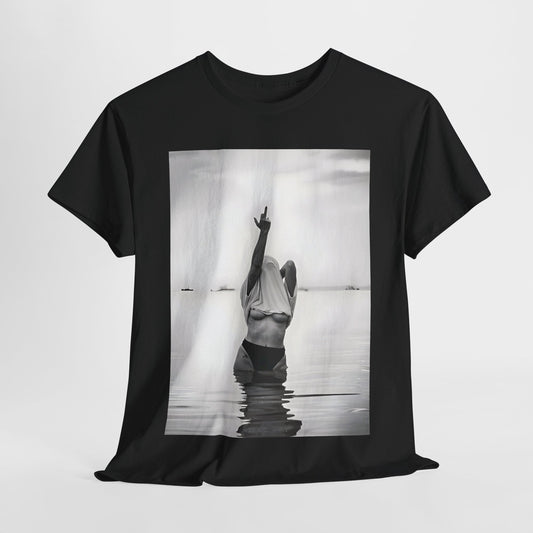 Middle Finger Girl Graphic T-Shirt Urban Unisex Cotton Tee in bold black, featuring a powerful black and white graphic of a woman defiantly raising her arm in serene water.
