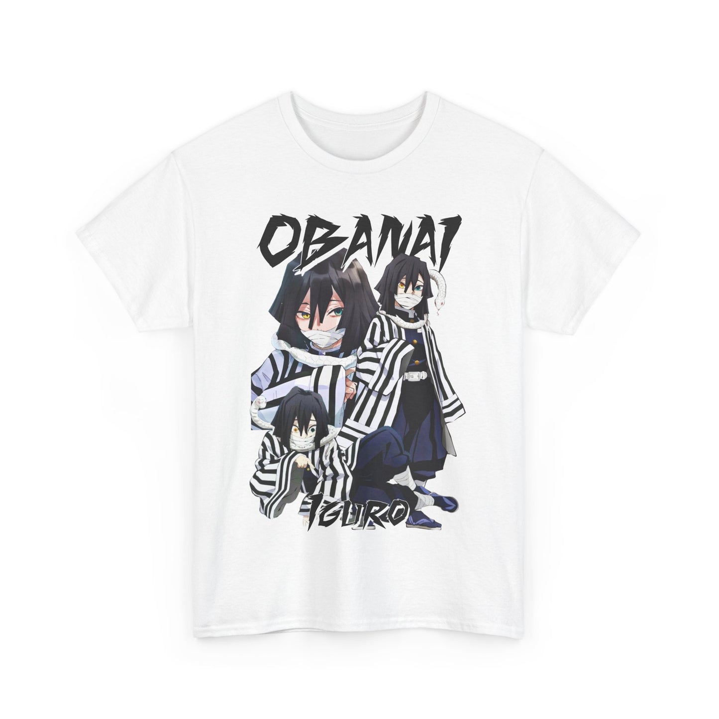 Stylish white T-shirt displaying an artistic depiction of Obanai Iguro from Demon Slayer, blending luxury and fandom for the discerning anime lover.