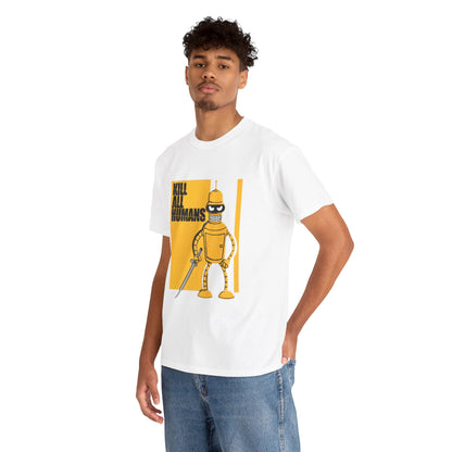 Luxurious graphic t-shirt featuring a vibrant illustration of Bender from Futurama, showcasing the bold slogan 'KILL ALL HUMANS' against a striking yellow backdrop, perfect for stylish casual wear.