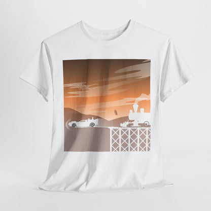 Back To The Future Funny Gift Mens Womens Graphic T-Shirt featuring a stylized silhouette of a futuristic car and steam train against a warm, desert-toned backdrop, embodying adventure and nostalgia in a luxurious urban style.