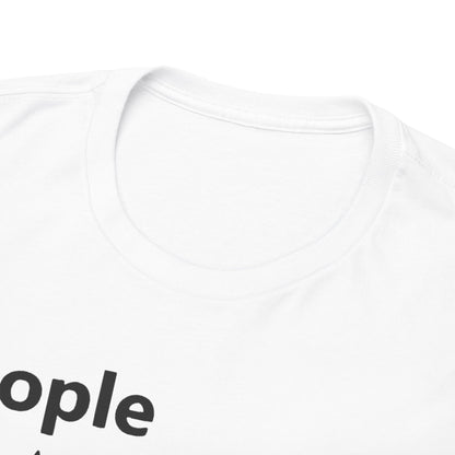 Detailed close-up of the neckline of a luxury white t-shirt exhibiting a bold design with 'People' and an engaging review message, crafted for a stylish statement.