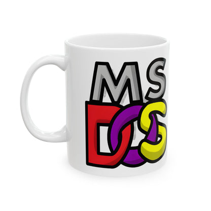 MS-DOS Logo Retro Image Ceramic Mug showcasing a vibrant design, perfect for tech enthusiasts seeking nostalgia. This luxury 11oz mug features an iconic MS-DOS logo in a bold colour palette.