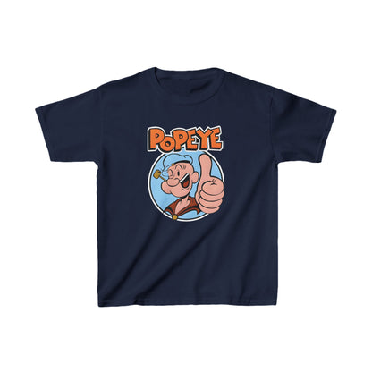 Unisex Kids Popeye Cotton T-Shirt featuring a vibrant graphic of Popeye with a thumbs up on a navy blue background, perfect for stylish young adventurers.