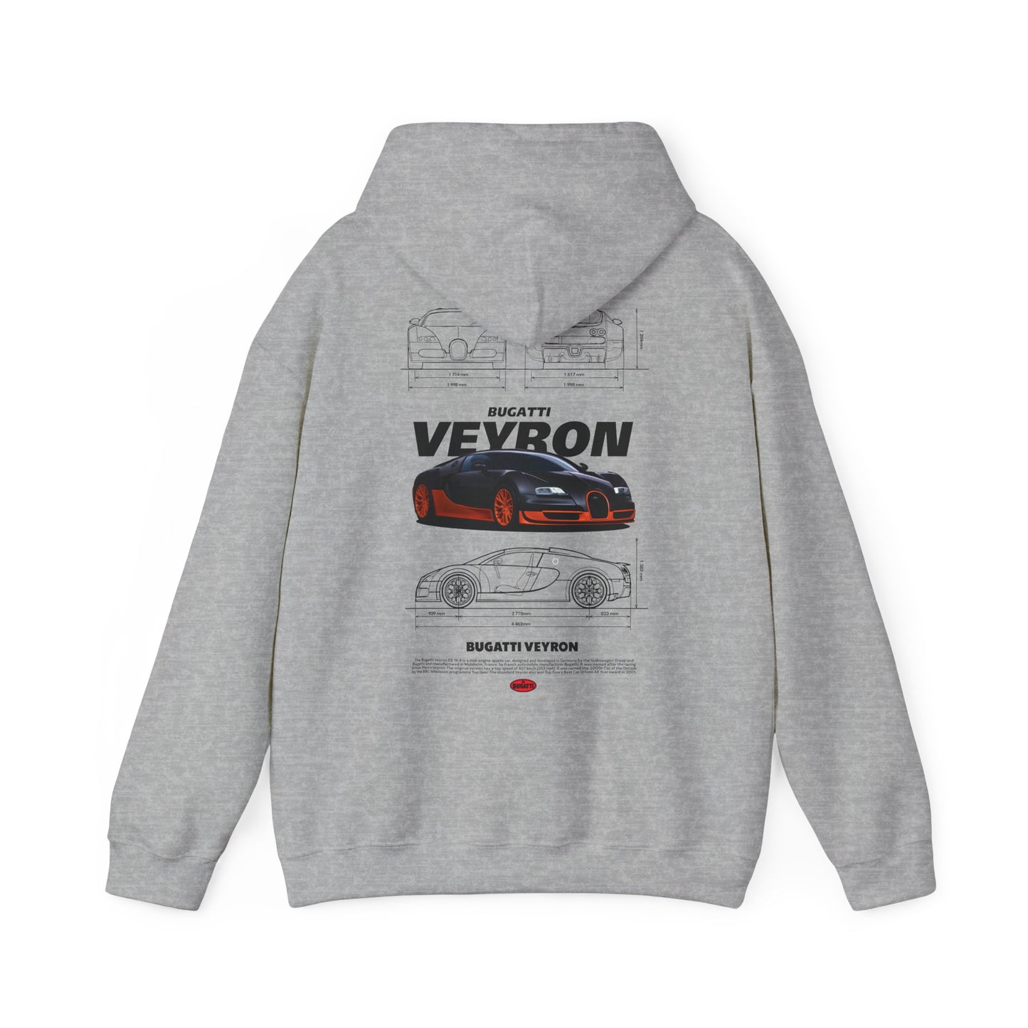 Elegant grey Bugatti Veyron hoodie showcasing a sophisticated design with car sketches on the back and the iconic logo prominently displayed.