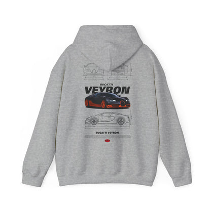 Elegant grey Bugatti Veyron hoodie showcasing a sophisticated design with car sketches on the back and the iconic logo prominently displayed.