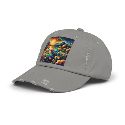 Unisex Distressed Paddleboarders Cap featuring a vibrant paddleboarding scene, perfect for sun protection and style for adventurous paddlers.