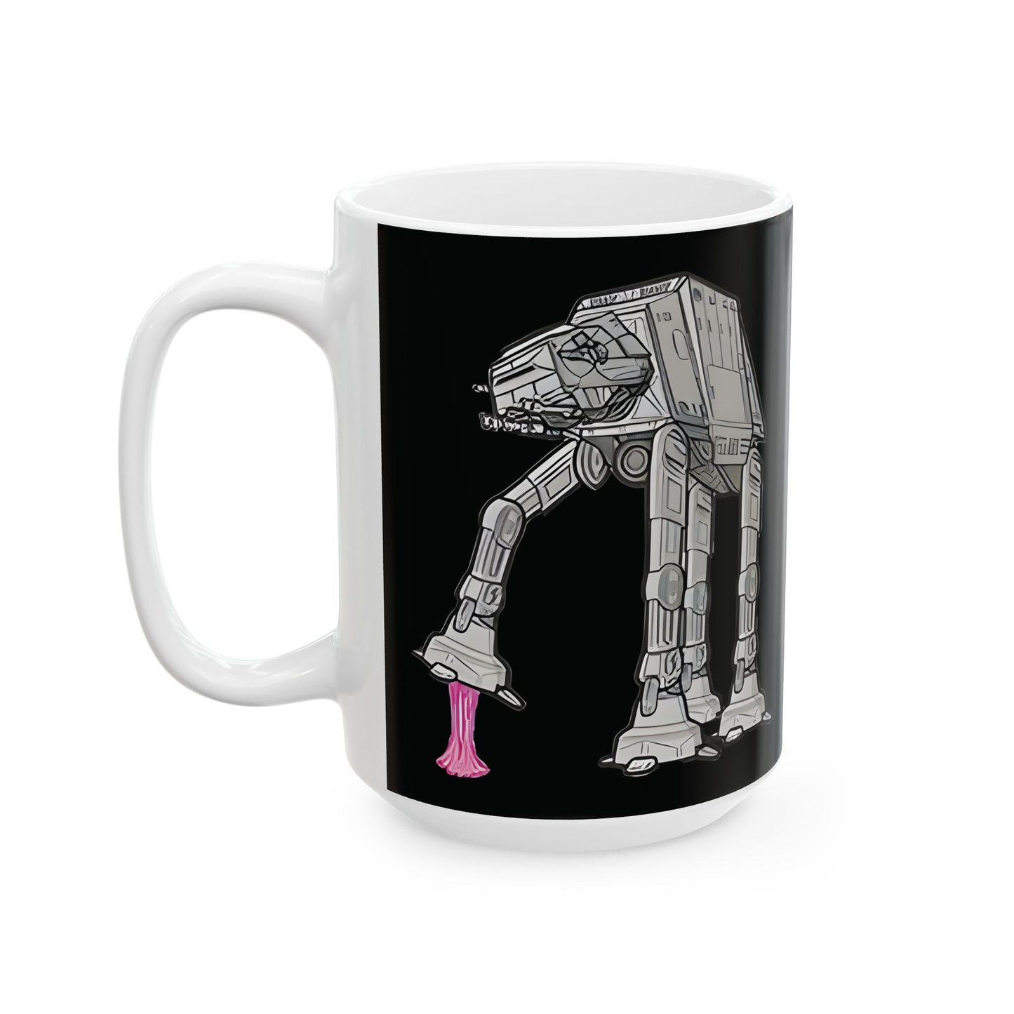 Whimsical Rebel Gum Star Wars Funny AT AT Coffee Mug with a transition display of bubblegum pink melting off the AT-AT, ideal for intergalactic laughter.