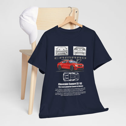 Stylish Chevrolet Camaro ZL1 1LE Men's T-Shirt draped over a chair alongside a cap, showcasing the luxury design and automotive heritage, ideal for the discerning enthusiast.